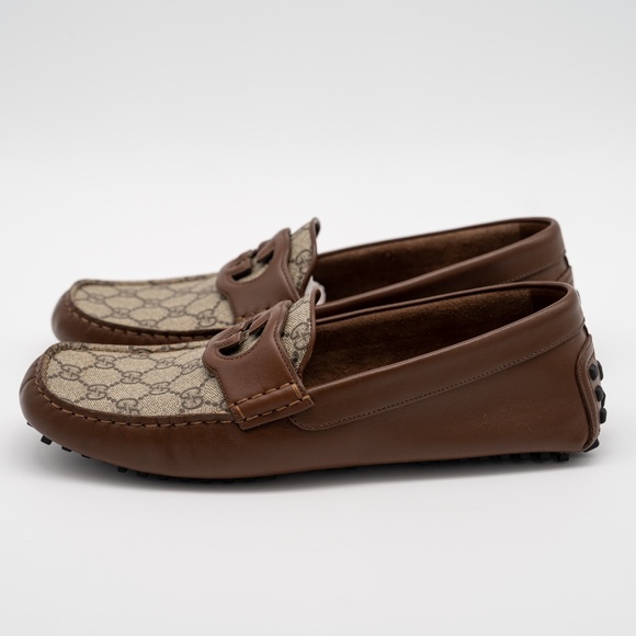 8G 8.5 US Gucci Interlocking G Leather Moccasin Driver Brown Loafers Leather - Picture 4 of 12